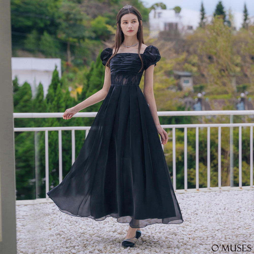 一字領方領蕾絲黑色長禮服19-7516