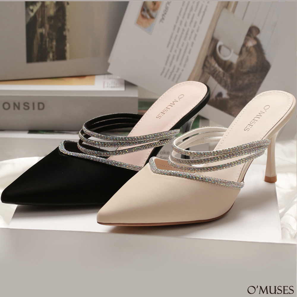 兩穿鑽石尖頭宴會涼鞋高跟鞋2-882 黑 米白