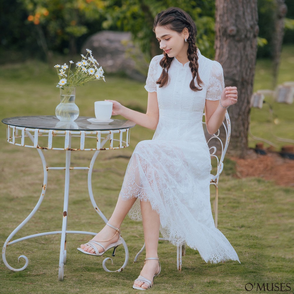 手工蕾絲白色長洋裝60-7350