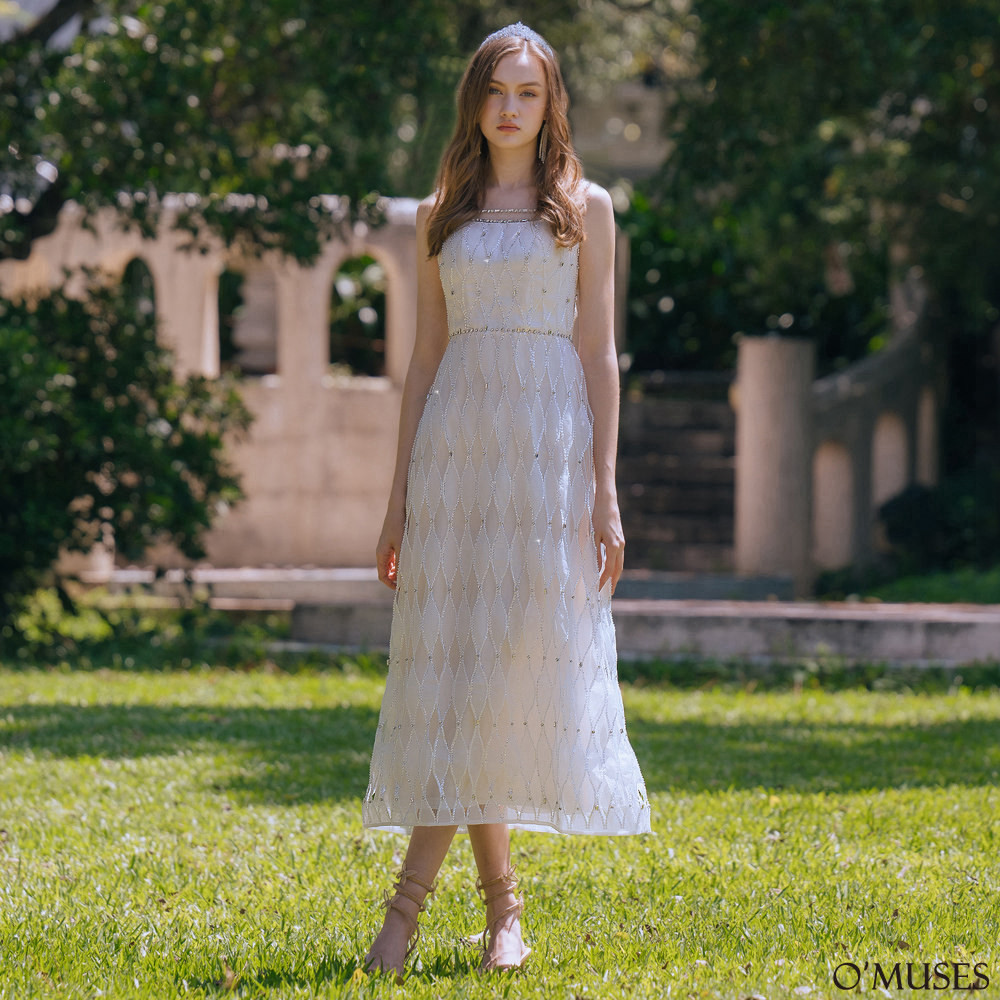 手工珠菱格紋白色長禮服19-7346