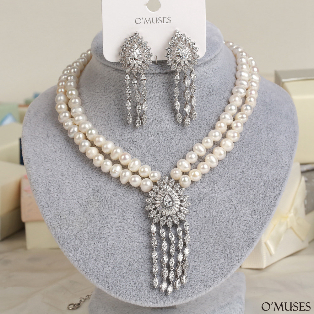 淡水珍珠鋯石項鍊耳環套組21-TZ20975