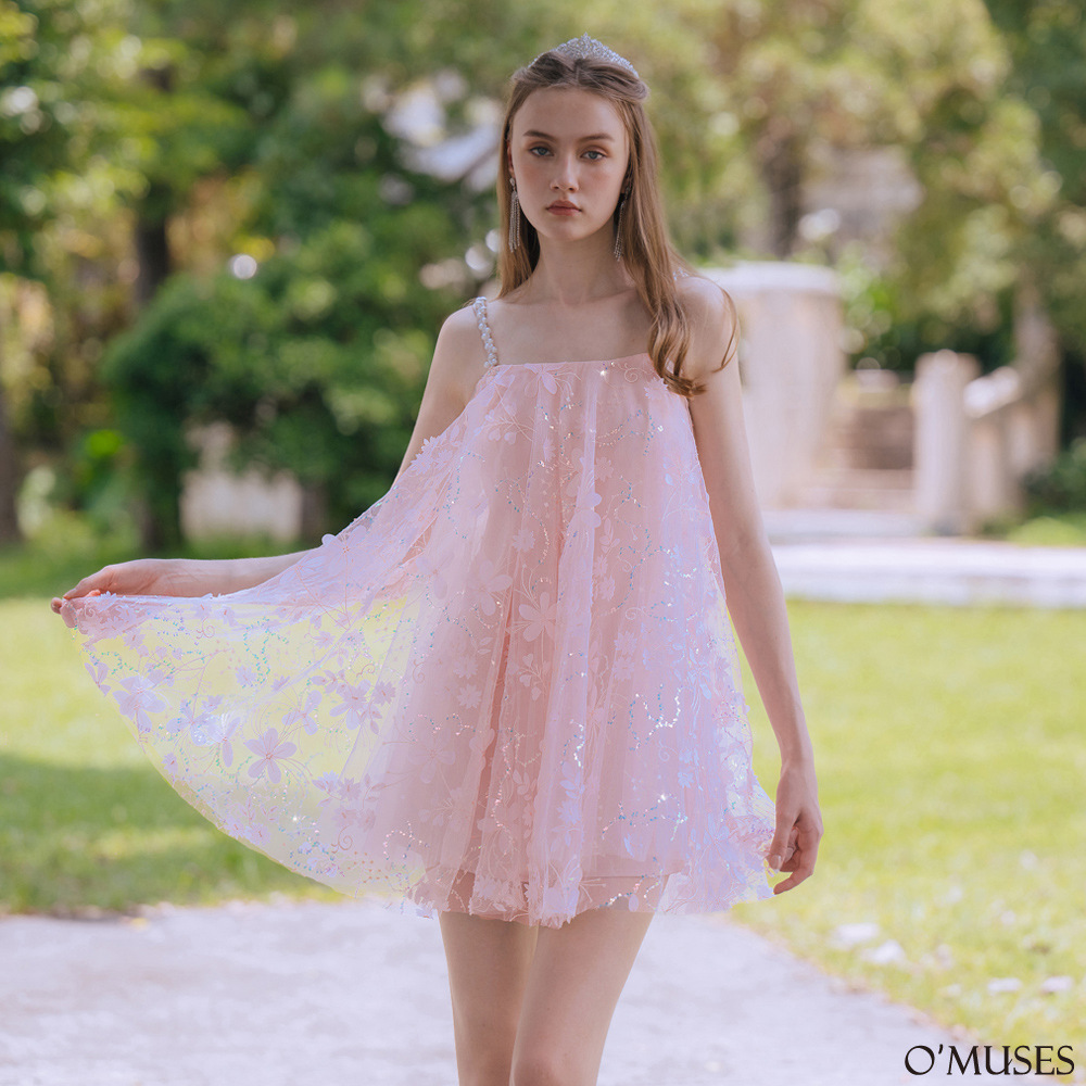 珍珠細肩帶刺繡花朵粉色洋裝28-30310