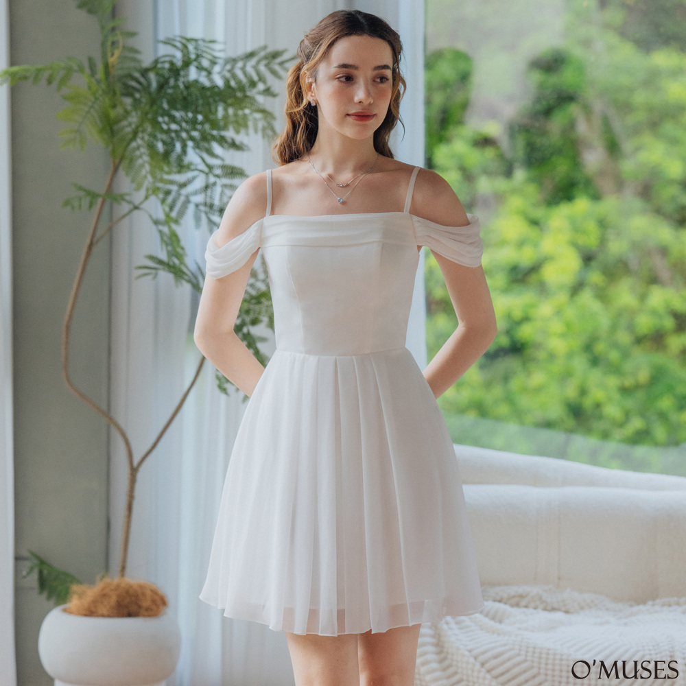 細肩帶一字領雪紡白色短禮服(手工款)18-2547