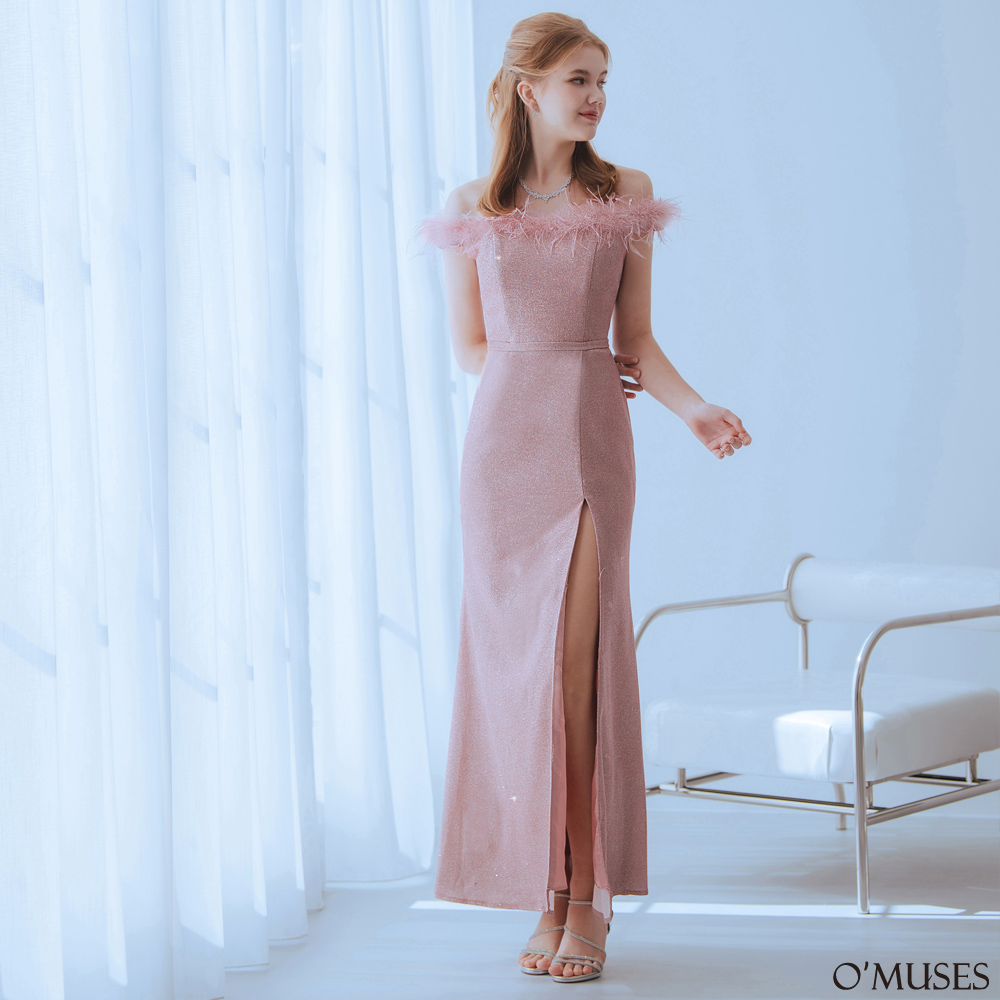 一字領鴕鳥毛粉色長禮服19-237