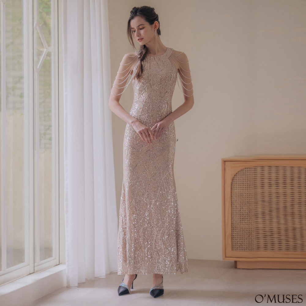 滿版亮片珠袖香檳色魚尾長禮服29-1024