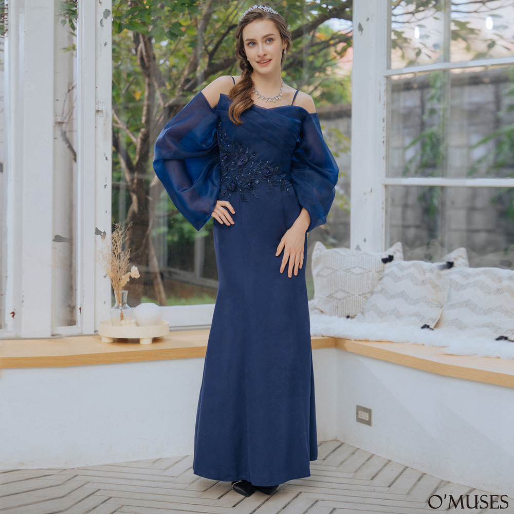 細肩帶蝴蝶結藍色魚尾長禮服19-7503